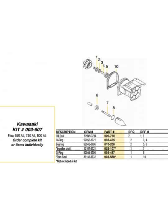 Kit réparation turbine Kawasaki 650-800 jet pump repair kit WSM 003-607
