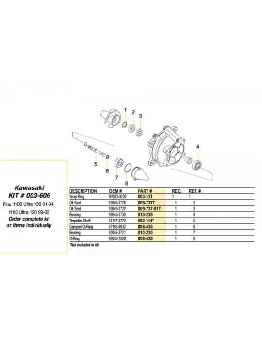 Kit réparation turbine Kawasaki 1100/1200 jet pump repair kit WSM 003-606 003-606